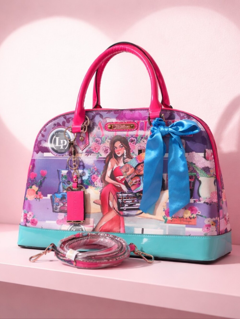 Illustrated Pink & Turquoise Satchel Handbag with Blue Bow